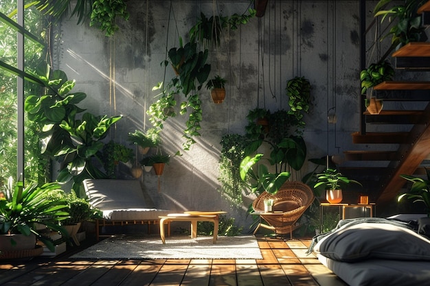 Interior inspirado na selva urbana com plantas penduradas