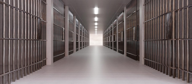 Interior de la instalación penitenciaria Pasillo vacío de la celda de la cárcel Condena y encarcelamiento 3d render
