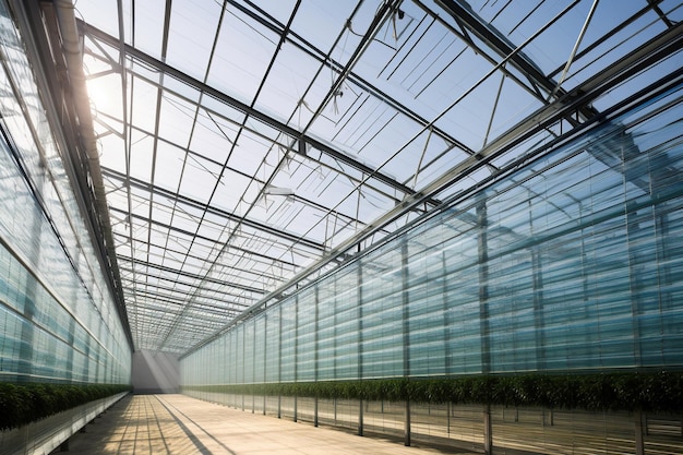 Interior de invernadero con gran techo de vidrio Vista inferior de un invernadero moderno IA generativa
