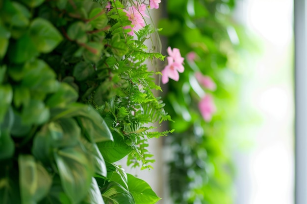 Interior con jardines verticales florales Pared verde IA generativa