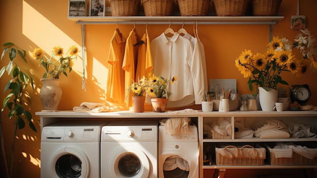 Interior de lavadero con lavadoras y girasoles en macetas.