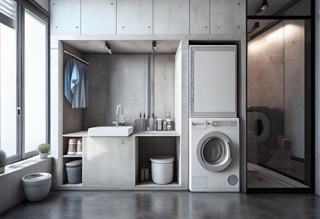Interior de la lavandería de colores pastel con lavadora moderna IA generativa