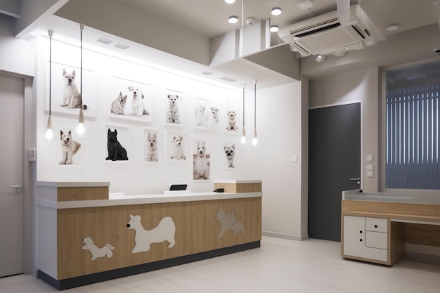 Foto interior limpio y luminoso de una clínica veterinaria moderna con piso de mesa y decoraciones ai generativo