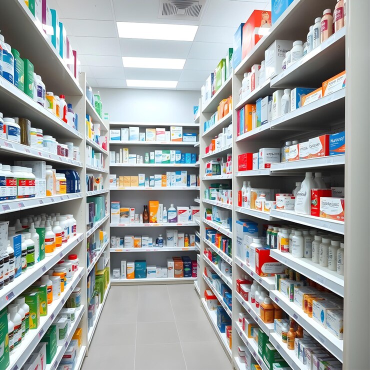 Interior limpio y organizado de la farmacia con estanterías abastecidas