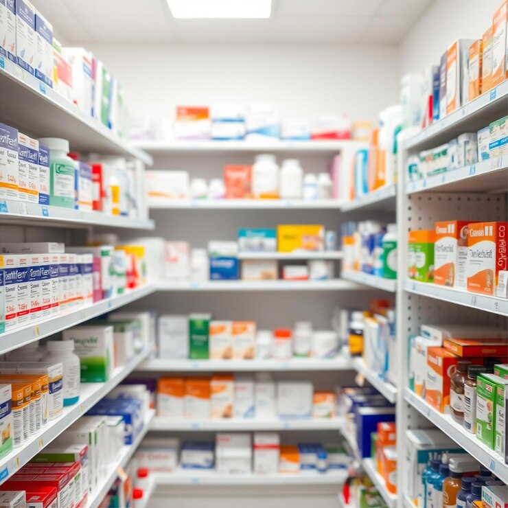 Interior limpio y organizado de la farmacia con estanterías abastecidas