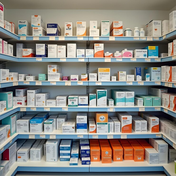 Interior limpio y organizado de la farmacia con estanterías abastecidas