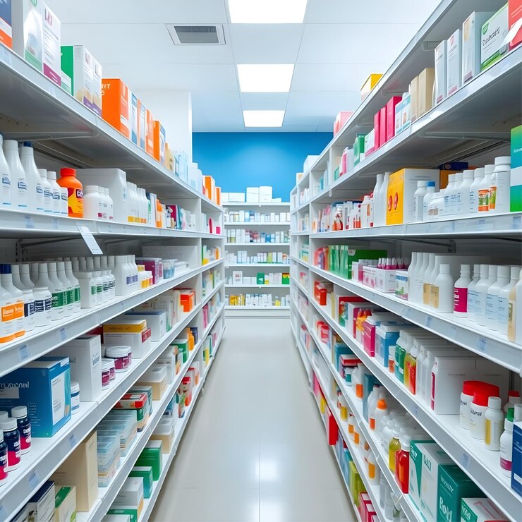 Interior limpio y organizado de la farmacia con estanterías abastecidas