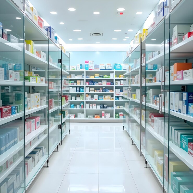Interior limpio y organizado de la farmacia con estanterías abastecidas