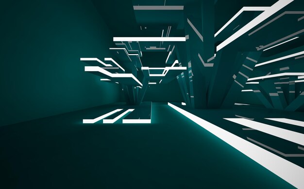 Interior liso arquitetônico minimalista verde abstrato com ilustração 3D de iluminação neon