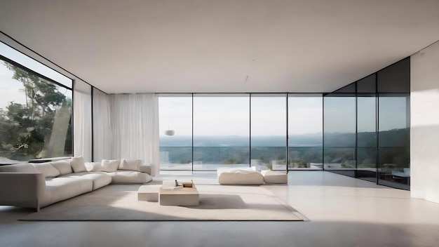 Interior liso branco arquitetônico abstrato de uma casa minimalista com grandes janelas