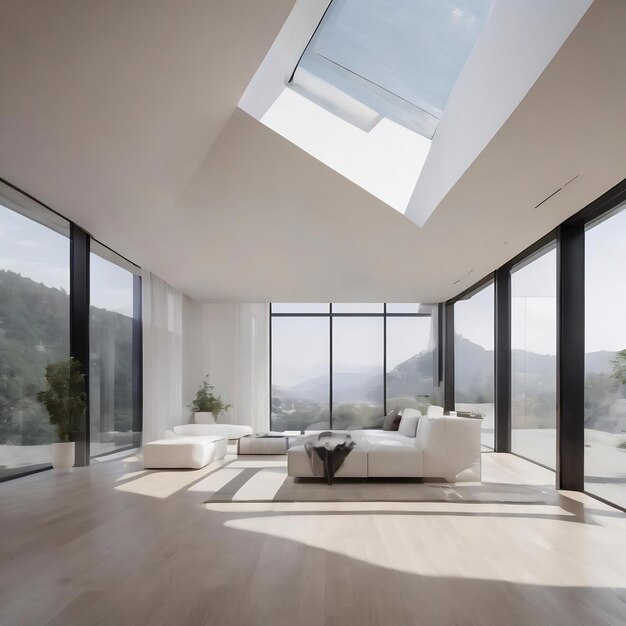 Interior liso branco arquitetônico abstrato de uma casa minimalista com grandes janelas