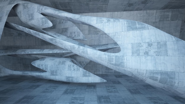 Interior liso de concreto arquitetônico abstrato de uma casa minimalista com iluminação neon 3D