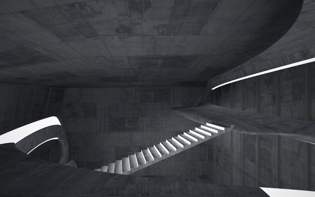 Interior liso de hormigón arquitectónico abstracto de una casa minimalista con iluminación de neón 3D