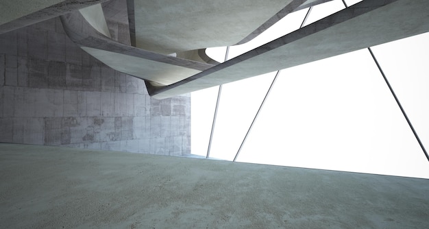 Interior liso de hormigón arquitectónico abstracto de una casa minimalista con iluminación de neón 3D