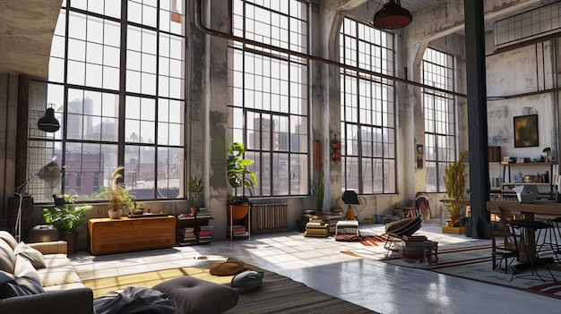 Un interior de loft de ciudad industrial Una mezcla bohemia y coincide con el estilo ecléctico de la casa Generative Ai