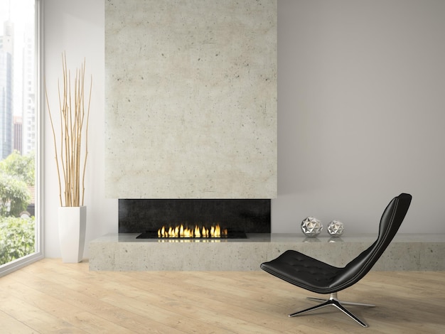 Interior de loft de diseño moderno con renderizado 3D de chimenea