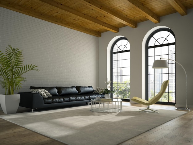 Interior de loft de diseño moderno con renderizado 3D de sofá negro