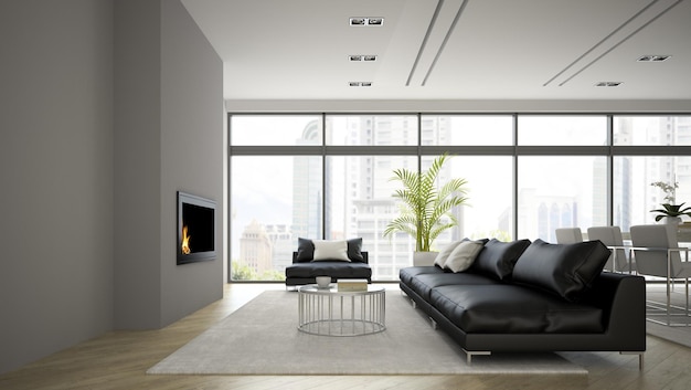 Interior de loft moderno con chimenea y sofá negro 3D Render