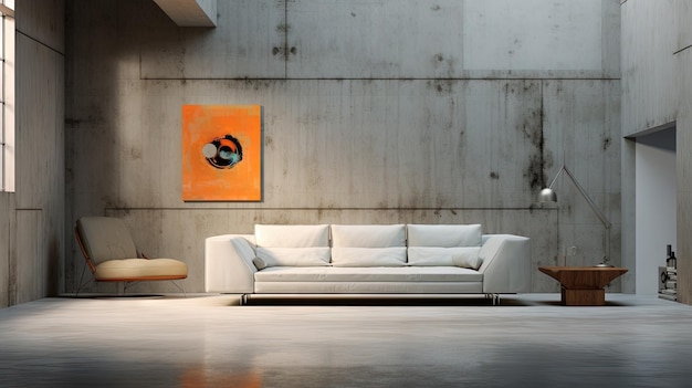 Interior de loft con sofá de diseño moderno sofá en la habitación contemporánea con paredes de hormigón