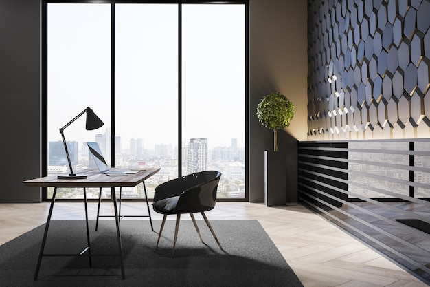 Interior de lugar de trabajo contemporáneo con ventanas y escritorio con vista a la ciudad, paredes hexagonales de hormigón y elementos decorativos 3D Rendering