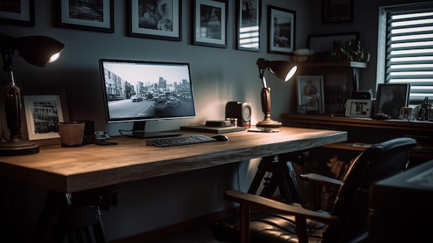 Interior del lugar de trabajo de la oficina en casa Mesa y monitores Espacio moderno AI generado