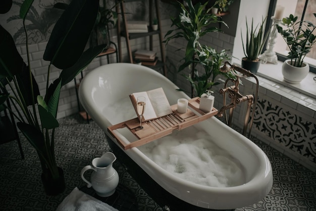 Interior de lujo de un gran baño de estilo africano moderno con bañera ovalada con iluminación natural