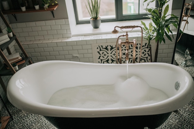 Interior de lujo de un gran baño de estilo africano moderno con bañera ovalada con iluminación natural