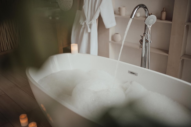 Interior de lujo de un gran baño de estilo africano moderno con bañera ovalada con iluminación natural