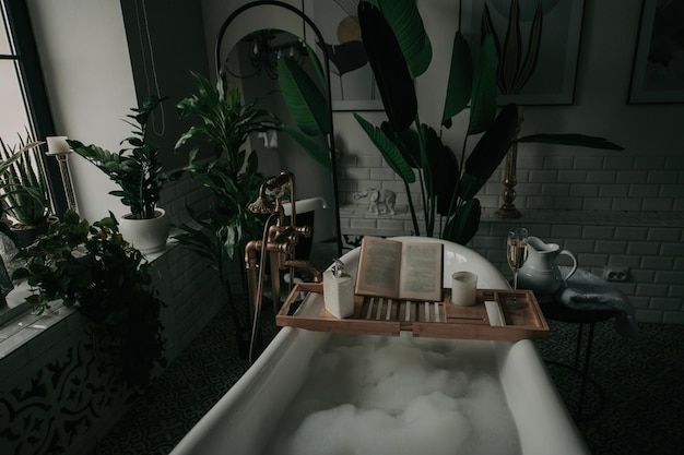 Interior de lujo de un gran baño de estilo africano moderno con bañera ovalada con iluminación natural