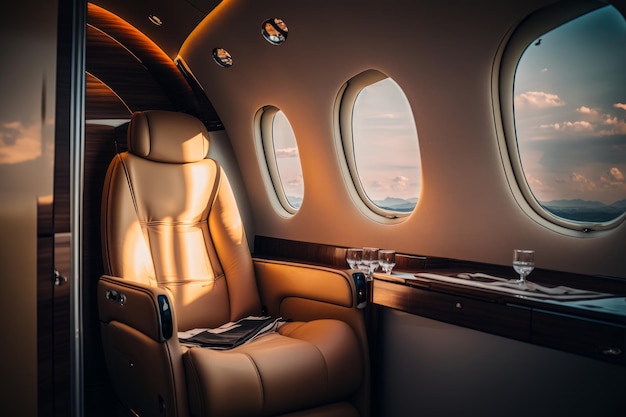 Interior de un lujoso jet privado con asientos de cuero Ilustración AI generativo