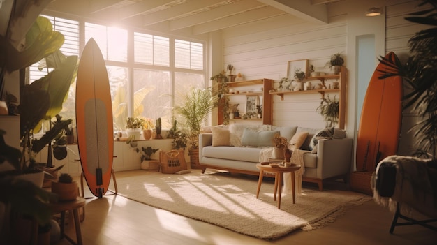 Foto interior de una luminosa sala de estar con una tabla de surf ia generativa