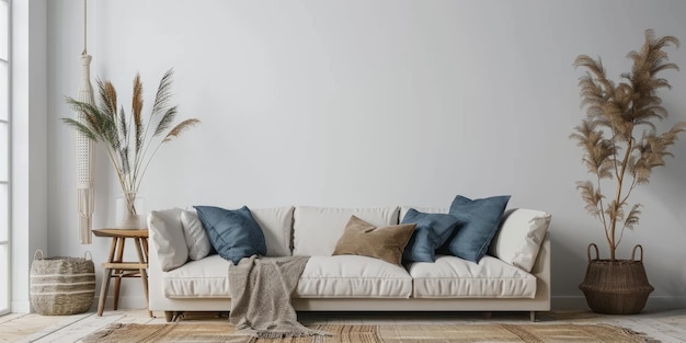 Interior luminoso e aconchegante sala de estar moderna tem sofá e planta