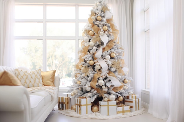 Interior luminoso de la sala de estar en un estilo sencillo con un árbol de Navidad en colores dorados y blancos Ilustración generativa de IA