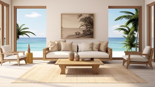 Foto interior luminoso de la sala de estar con sofá y sillón