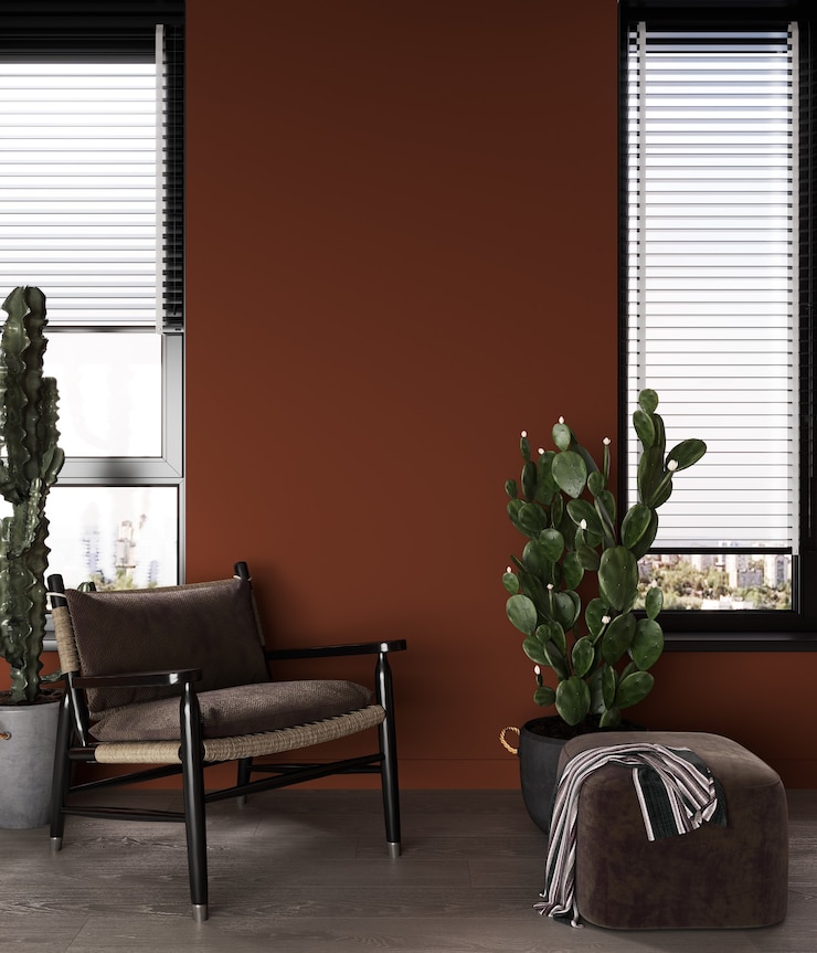 Foto interior luminoso salón con silla marrón y cactus, estilo industrial minimalista, render 3d