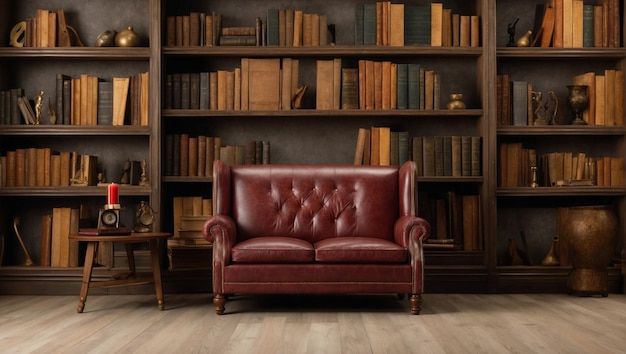 Interior luxuoso da biblioteca com móveis antigos e estantes de livros