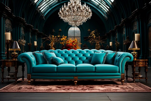 Interior luxuoso da sala de estar com sofá azul e plantas verdes generative ai