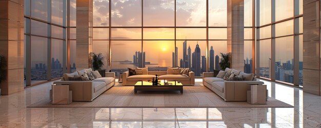 Foto interior luxuoso de ático com grandes janelas com vista para o horizonte de dubai ao pôr do sol