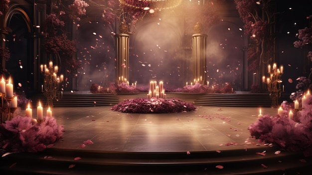 interior luxuoso decorado com flores e velas