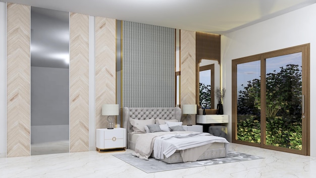 Interior luxuoso do quarto em um estilo caseiro que combina com a natureza na villa