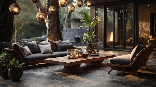 interior luxuoso no terraço com sofá e poltronas