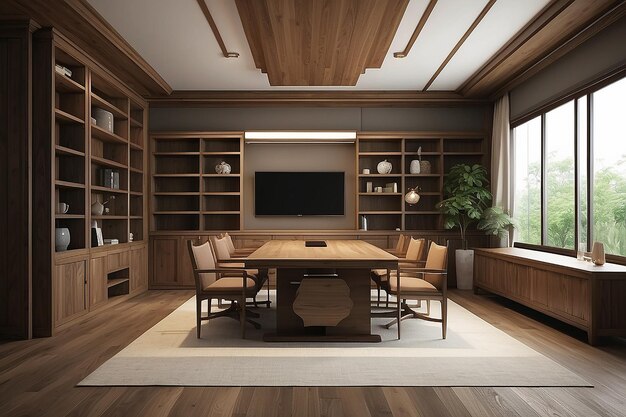 Foto el interior de madera de la habitación del gabinete es de estilo wabisabi3d