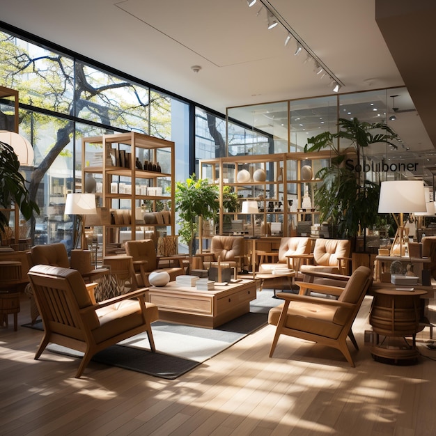 Interior de madera y vidrio de una tienda de muebles moderna.