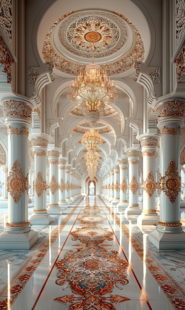 El interior de un magnífico palacio sagrado modelado en 3D