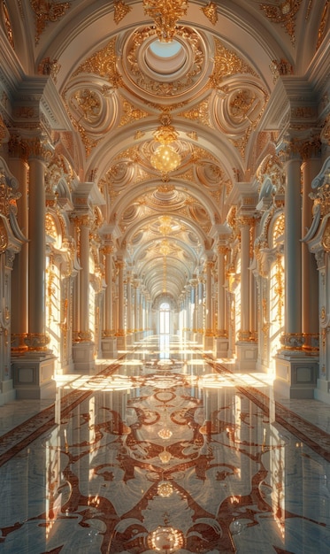 El interior de un magnífico palacio sagrado modelado en 3D