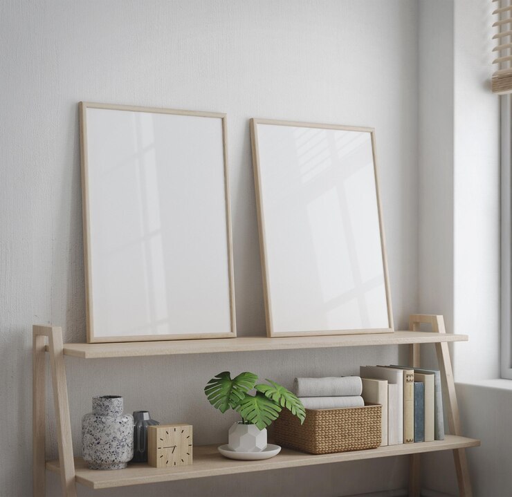 Interior de maqueta de marco de imagen en blanco con estante y objeto de decoración