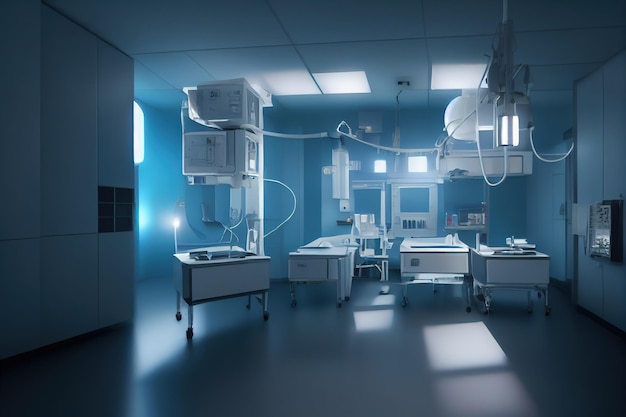 Interior médico científico abstrato fundo desfocado Luz azul Conceito de pesquisa médica Ai render