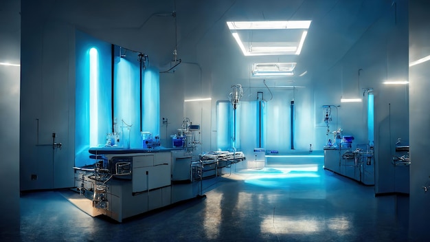 Interior médico científico abstrato fundo desfocado Luz azul Conceito de pesquisa médica Ai render