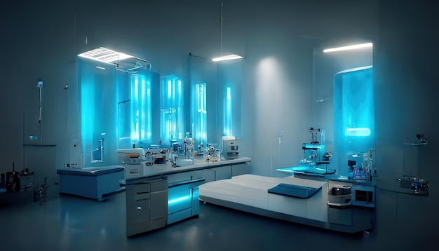 Interior médico científico abstrato fundo desfocado Luz azul Conceito de pesquisa médica Ai render