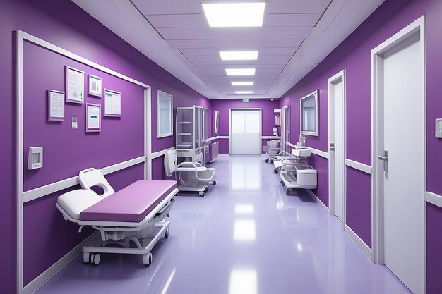 Interior médico moderno do corredor em hospitais, cuidados de saúde, interior clínico no corredor